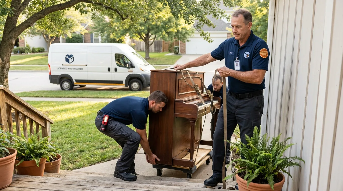Licensed piano movers securing grand piano in Montezuma, GA