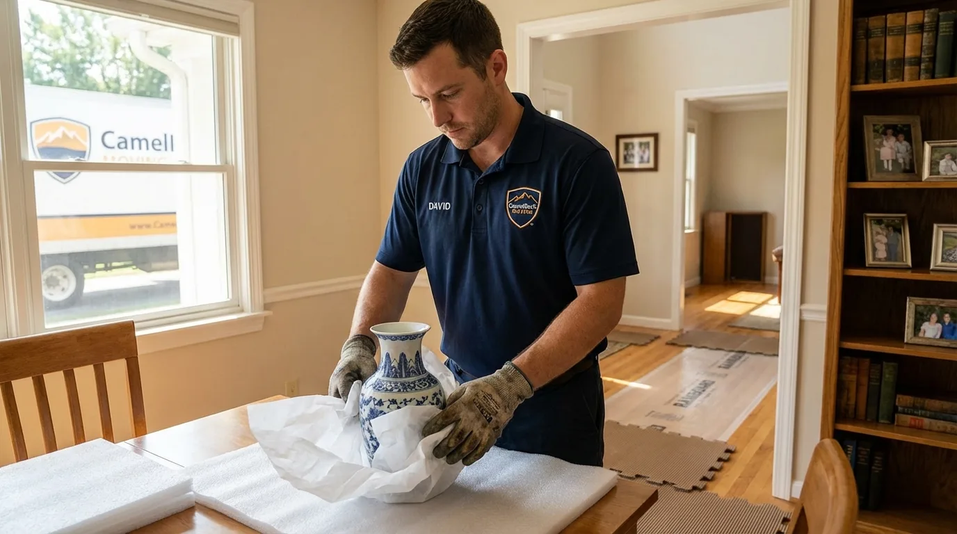 Professional crew carefully wrapping antique vase for senior downsizing move in Montezuma, GA